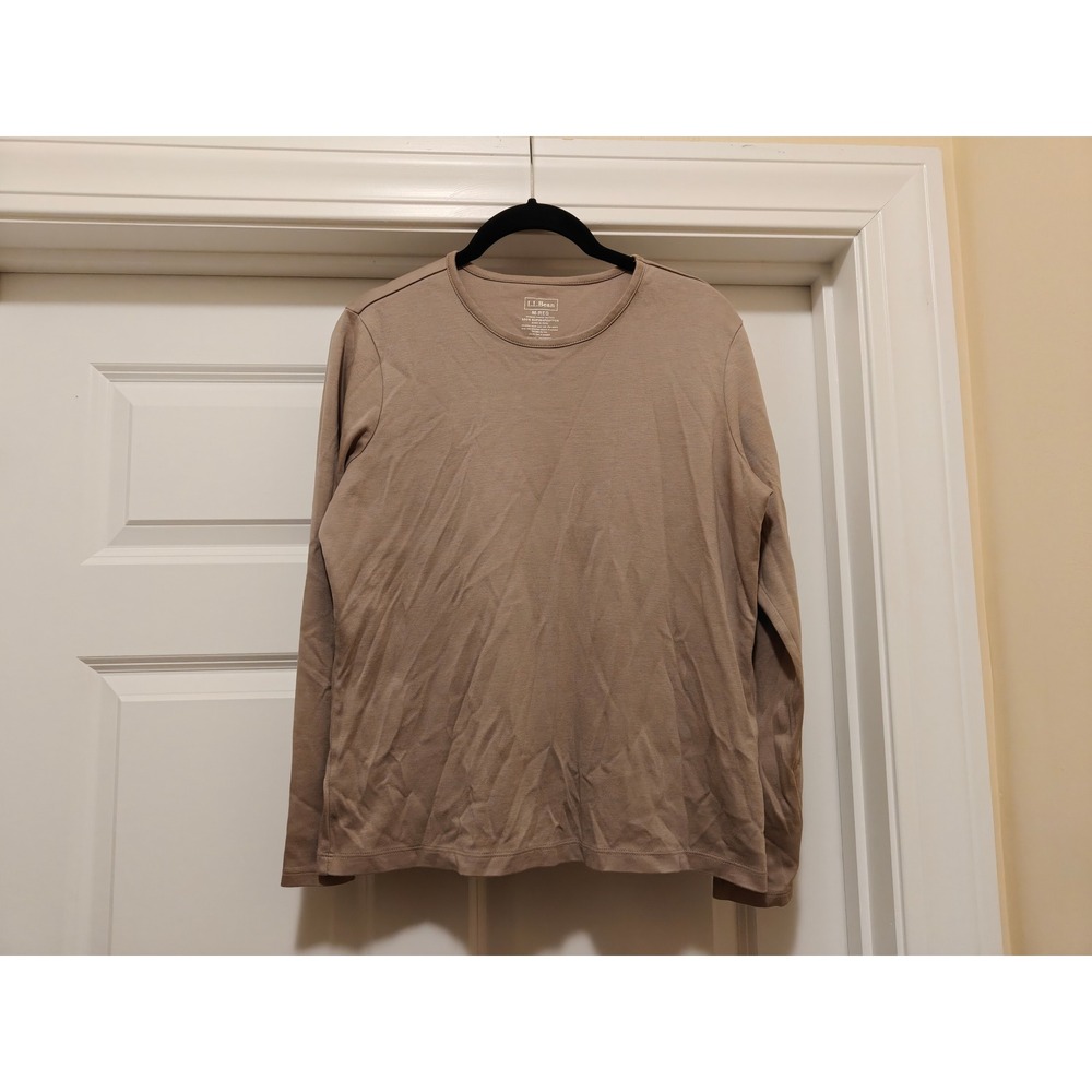 LL Bean Womens M Medium Tan Supima Cotton Crewneck Long Sleeve Tee Shirt 207240